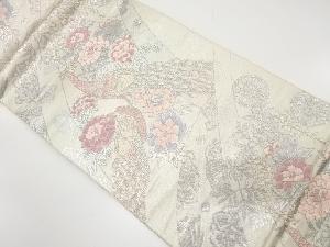 プラチナ箔　孔雀に牡丹・藤模様織り出し　袋帯